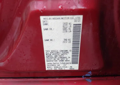 2015 Nissan Altima 2.5 S from USA, damaged, VIN 1N4AL3AP5FC596969